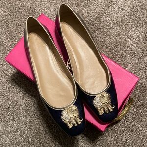 Lilly Pulitzer Navy Flats with gold Elephant. Size 9.5. Worn once